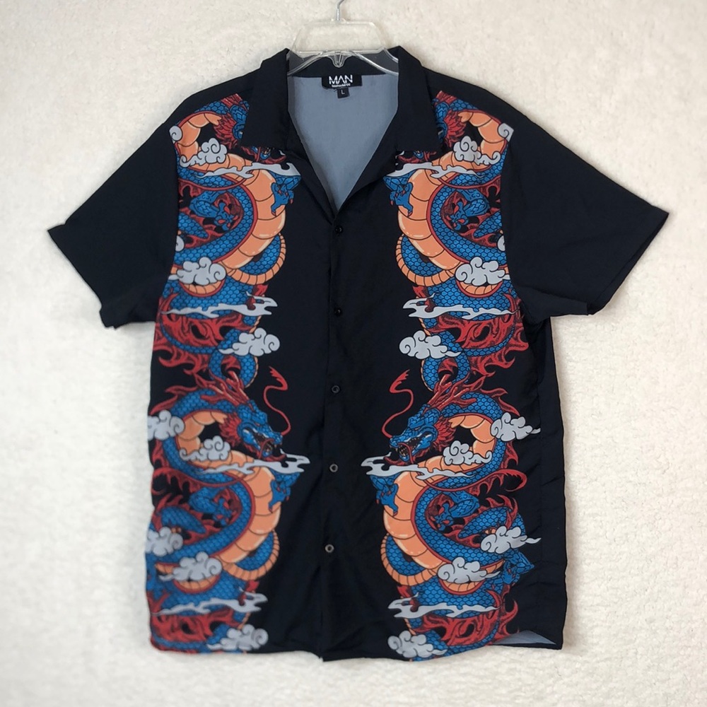 Boohoo Man Mens Black Dragon Short Sleeve Button Down Shirt SIZE LARGE